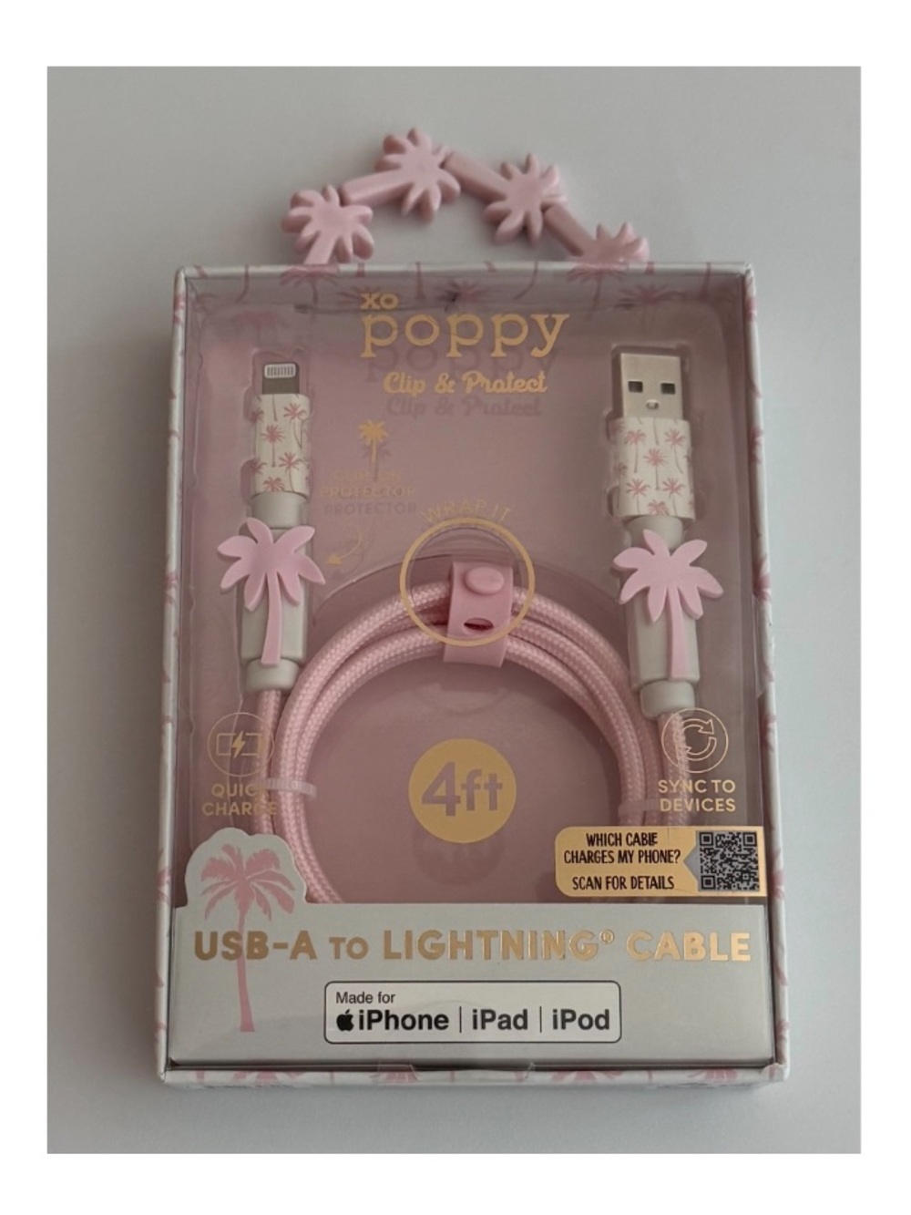 XO nwt Poppy Pink palm trees USB-A to Lightning Cable with Palm Clip - 4ft